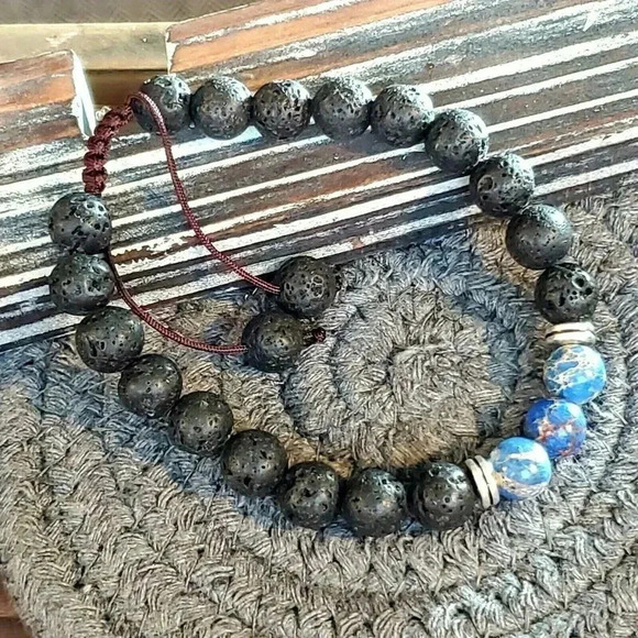 Handcrafted Chakra Bracelet Blue Aqua Terra Jasper Black Lava - Picture 4 of 7